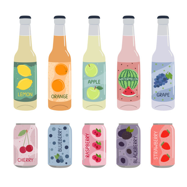 一套软饮，在铝罐和玻璃瓶与苏打水和柠檬水。含水果、浆果味的非酒精碳酸水。手绘矢量插图孤立在白色背景上图片下载