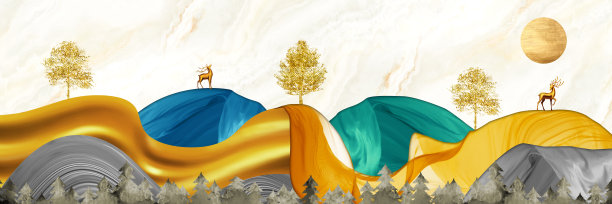 3d现代油画艺术壁画墙纸与树木，和白色大理石背景。金鹿、圣诞树、山峦、金色的阳光和五彩缤纷的波浪图片下载