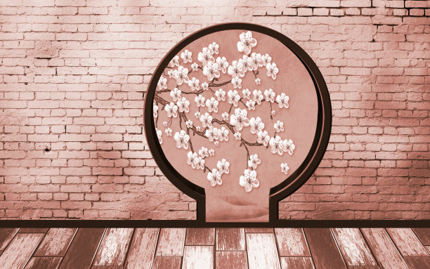 3d壁画墙纸墙砖和花枝和木材。图片下载