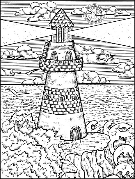 黑白插图的灯塔塔上的悬崖岩石与树木和海浪。图片下载