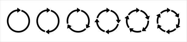 圆形箭头图标设置。符号重载，刷新，加载，回收和重复。相互连接的圆形箭头矢量图标设置。正在进行的工作流程说明。一，二，三，四，五，六箭入环。图片下载