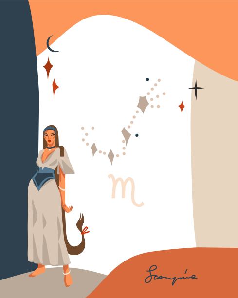 手绘矢量抽象图库简单星象天象插画艺术与现代，拼贴艺术当代版画模板的波西奥星座星座天蝎座与女性性格。图片下载