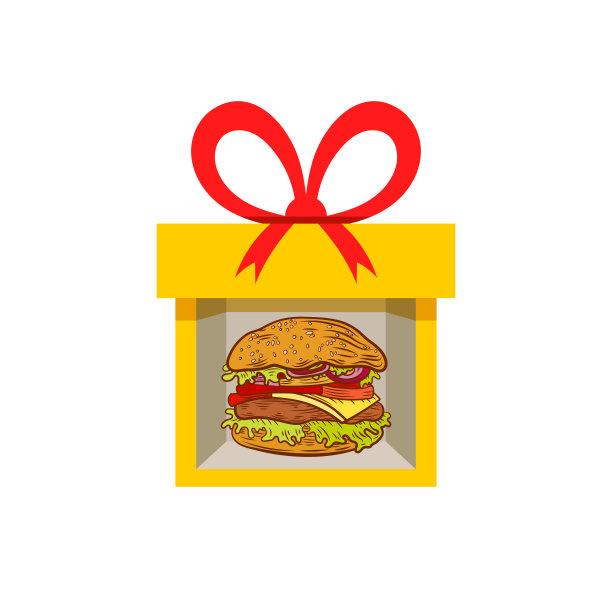 矢量黄色礼品盒与汉堡在它孤立，明亮的颜色。图片下载
