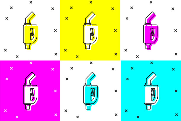 设置汽油泵喷嘴图标孤立的颜色背景。加油站的油泵。加油服务标志。加油站图标。向量图片下载