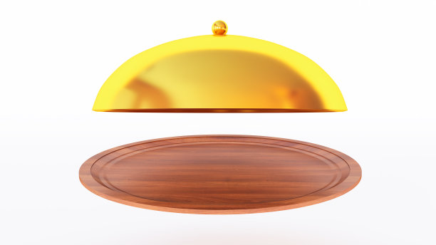 3d渲染金和木材餐厅钟形与开放的盖子。圆顶餐厅的菜肴。托盘和钟形时钟孤立在白色背景上图片下载