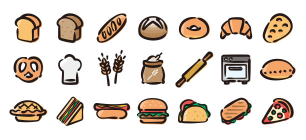 面包和面包店图标设置为图形(手绘彩色版本)图片下载