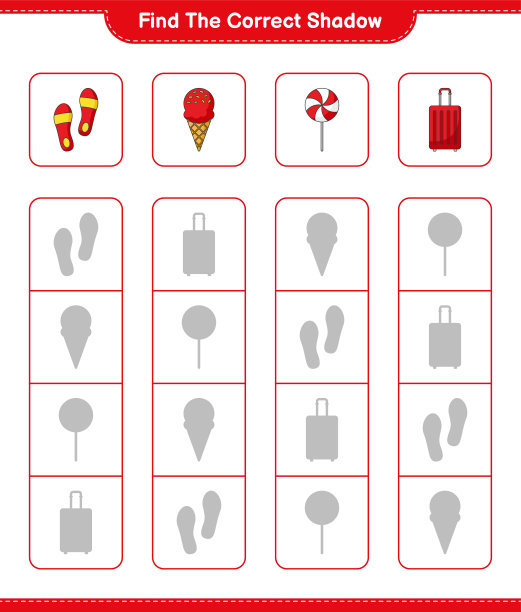 找到正确的影子。找到并匹配冰淇淋、Flip Flop、旅行袋和糖果的正确影子。教育儿童游戏，可打印的工作表，矢量插图图片下载