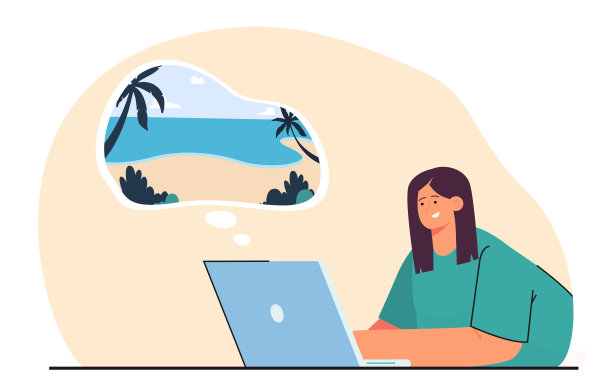 快乐的卡通女人计划或预订假期通过笔记本电脑图片下载