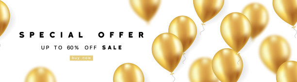 特别提供横幅。金色光泽的气球。立即购买销售海报。丝带横幅与六折优惠。销售价格贴纸信息。促进对话气球。矢量插图。图片下载