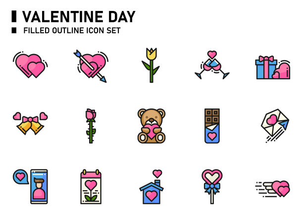 情人节填充轮廓图标集。图片下载