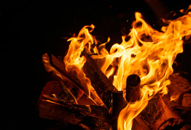 温暖的壁炉和许多树木准备烧烤。篝火的特写照片。图片下载