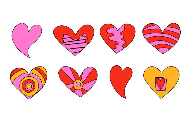 向量集充满活力的迷幻情人。嬉皮士为情人节收集心形。七八十年代的朋克摇滚风格。故事社交媒体贴纸。浪漫的心型在时髦和groovy的风格图片下载