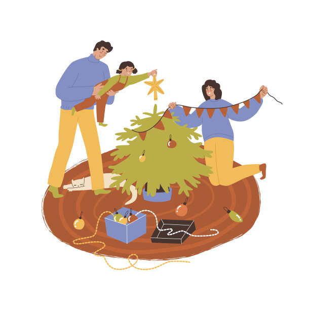 一家人装饰圣诞树，扁平风格矢量图图片下载