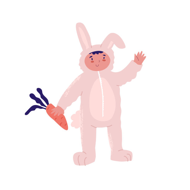 为孩子们准备新年服装派对。穿着节日服装的男孩，兔子和胡萝卜庆祝节日。平面风格在矢量插图。有粉丝，玩，圣诞节，生日，万圣节，不给糖就捣乱。图片下载