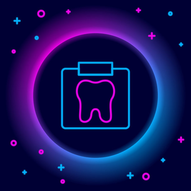 发光的霓虹灯线x射线牙齿图标孤立在黑色背景上。牙科x光。放射学图像。色彩斑斓的轮廓的概念。向量图片下载