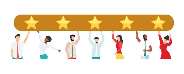 客户反馈，推荐，在线调查的概念。一群人评价客户体验，写评论，留下反馈。客户端,用户满意度。孤立平面矢量图图片下载
