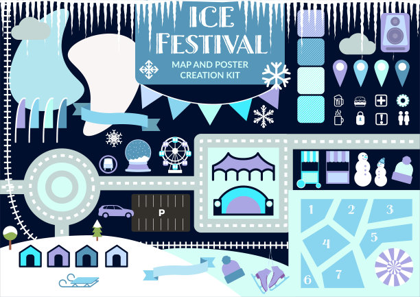 冬季冰雪节活动矢量地图或海报创作工具包图片下载