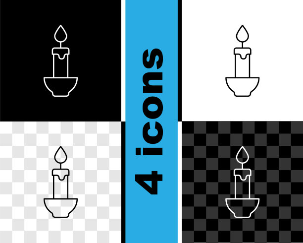 设置线燃烧蜡烛图标孤立在黑色和白色，透明的背景。燃烧着火焰的圆柱形蜡烛棒。向量图片下载