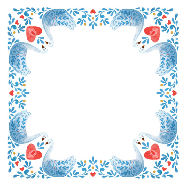 正方形的天鹅和心形的水彩画构图图片下载