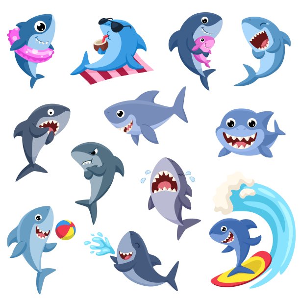 卡通鲨鱼。有趣的鲨鱼，海洋掠食者。海洋野生动物角色。粉红色和蓝色的鱼宝宝，微笑的水动物为孩子，花哨的向量集图片下载
