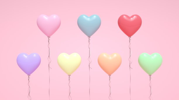 粉彩彩色心气球在粉红色- 3D插图图片下载