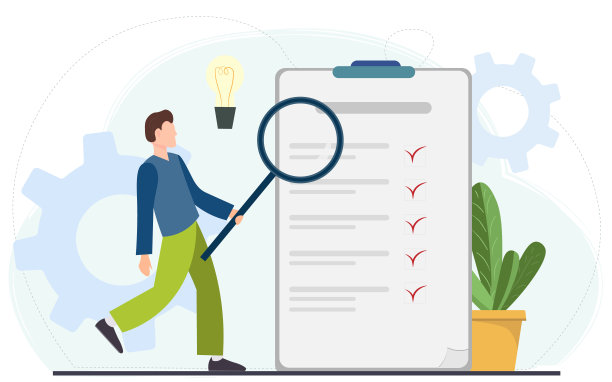 年轻快乐的男人拿着放大镜，检查检查清单或文件，商业分析，审计，研究概念，平面矢量插图图片下载