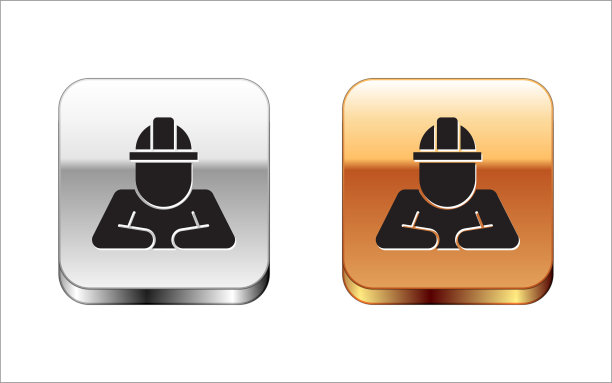黑色建筑图标孤立在白色背景上。建筑工人。金银平方按钮。向量图片下载