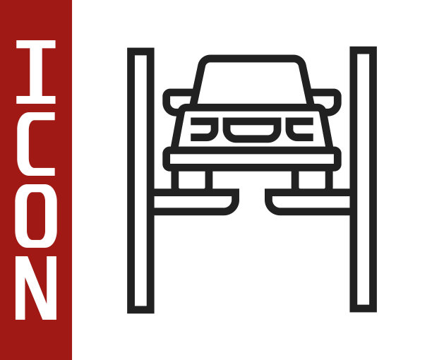 黑色线维修汽车电梯图标孤立在白色背景。底盘，悬挂，车轮和引擎的维修。向量图片下载