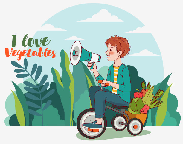 可爱的孩子带着新鲜的蔬菜在花园里骑自行车。对着扩音器大喊大叫的滑稽男孩。夏天的时间图片下载