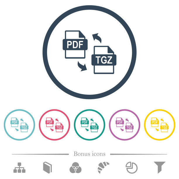 圆形轮廓中的PDF TGZ文件压缩扁平彩色图标图片下载