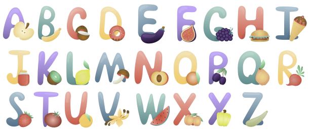 所有的字母与图片在一个白色的背景，教育卡。英语词汇和字母，儿童向量，幼儿园学习辅助图片下载
