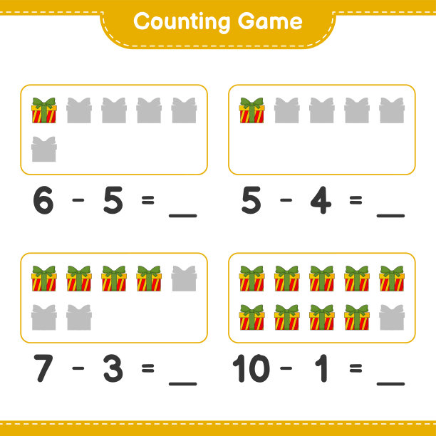 数数游戏，数数礼品盒的数量并写出结果。教育儿童游戏，可打印的工作表，矢量插图图片下载