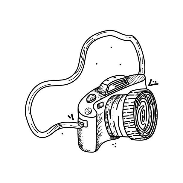 涂鸦风格的徒步旅行相机，手绘。为当地旅游业作插图。皮带上的相机。露营或徒步旅行项目矢量孤立的图像在白色背景。图片下载