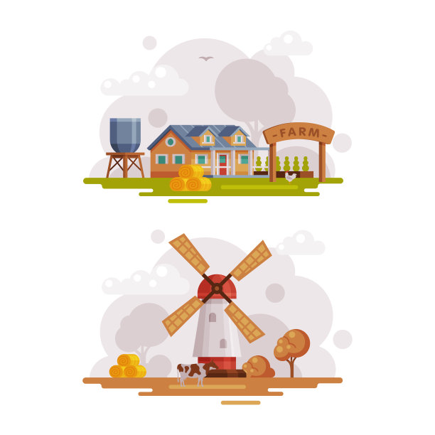 乡村或乡村景观与房子风车和图片下载