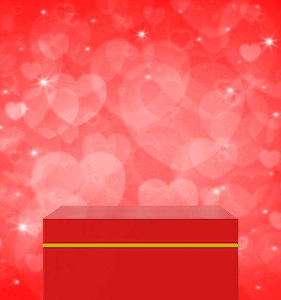 空洞的红色和金色立方体讲台上模糊红色的爱心墙图片下载