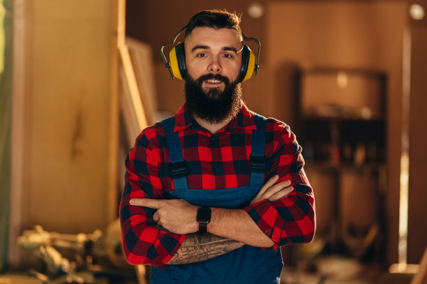 年轻男性木匠在车间工作，戴着安全耳机图片下载