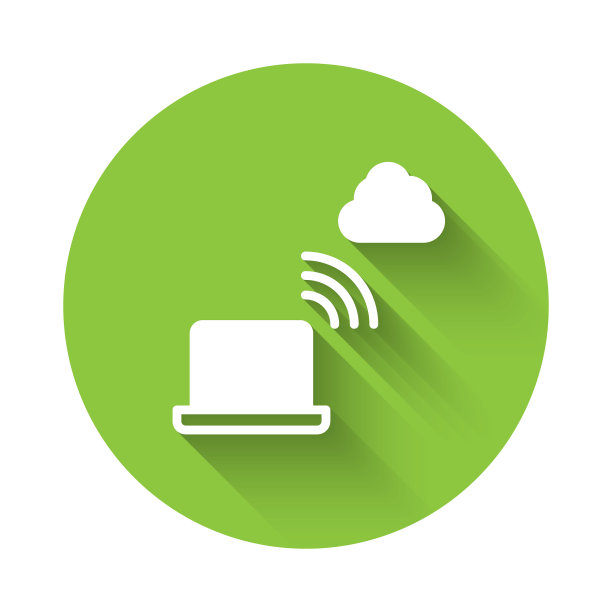 白色的网络云连接图标与长阴影背景隔离。社会技术。云计算的概念。绿色圆圈按钮。向量图片下载