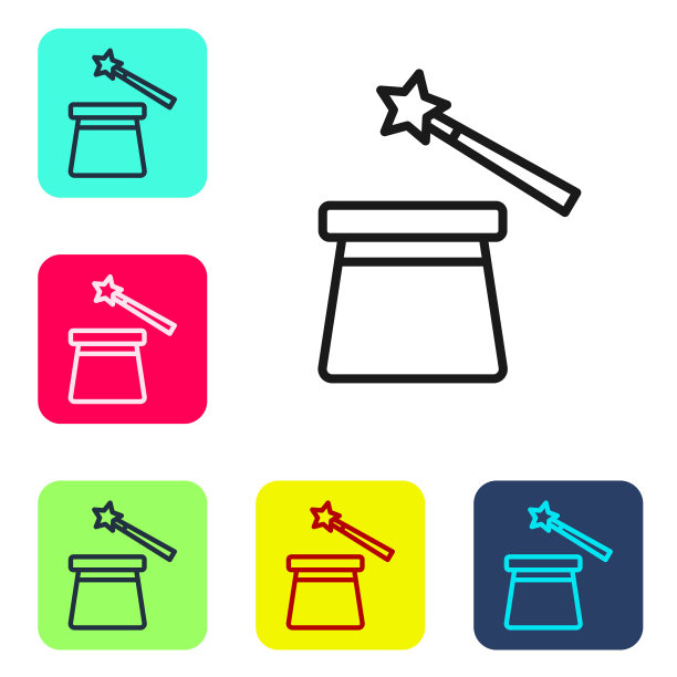 黑色线魔术帽和魔杖图标孤立在白色背景。魔术。神秘的娱乐概念。设置彩色方块按钮图标。向量图片下载