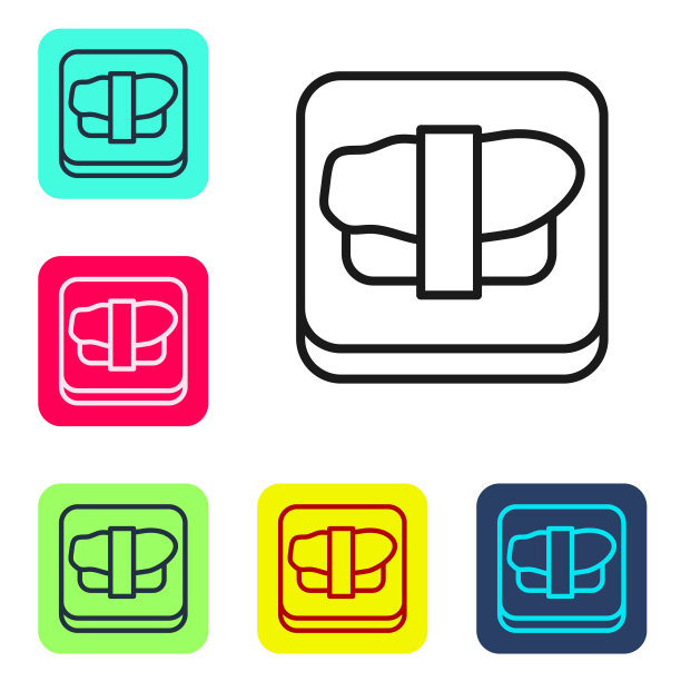 黑线寿司在切菜板图标孤立在白色背景。亚洲食品寿司木板。设置彩色方块按钮图标。向量图片下载