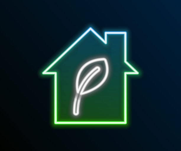 发光的霓虹灯线生态友好的房子图标孤立在黑色背景上。用树叶做的生态房子。色彩斑斓的轮廓的概念。向量图片下载