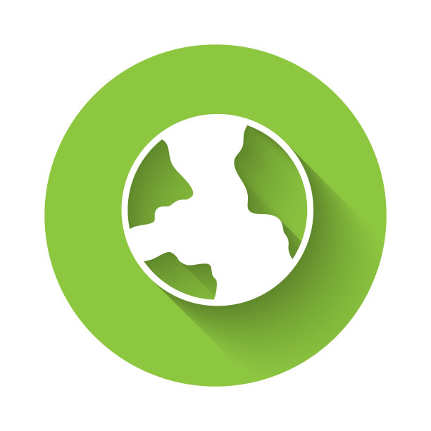 白色世界范围图标孤立与长阴影背景。在全球销。绿色圆圈按钮。向量图片下载