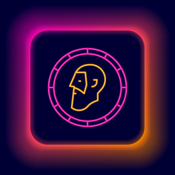 发光霓虹线古代钱币图标孤立在黑色背景上。色彩斑斓的轮廓的概念。向量图片下载