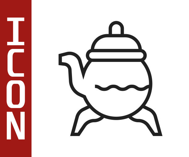 黑色线经典茶壶图标孤立在白色背景。向量图片下载