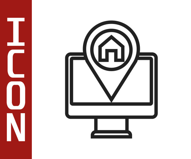 黑线电脑显示器和折叠地图与位置标记图标孤立在白色背景上。向量图片下载