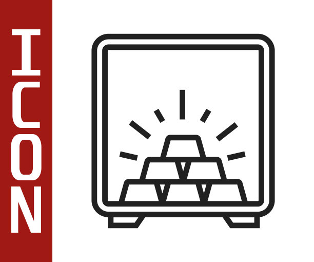 黑色线安全与金条图标孤立在白色背景。贵重金属在银行的存款。金属财政部。可靠的数据保护。向量图片下载