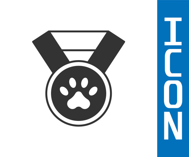 灰色宠物奖符号图标孤立在白色背景上。带有狗或猫爪印和丝带的徽章。金牌的动物。向量图片下载