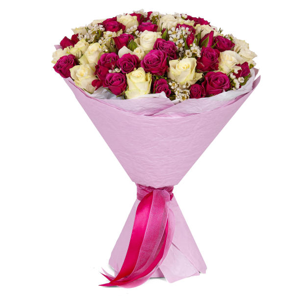 一束红色和白色的花束在一个粉红色的纸包圆锥形孤立在白色的背景上图片下载