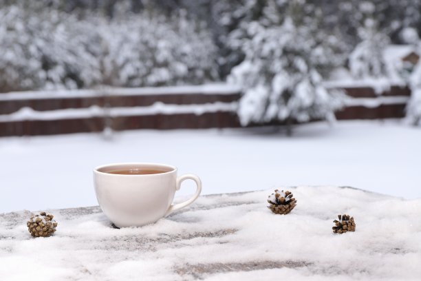 在冬日风景的背景上，一杯清茶。图片下载