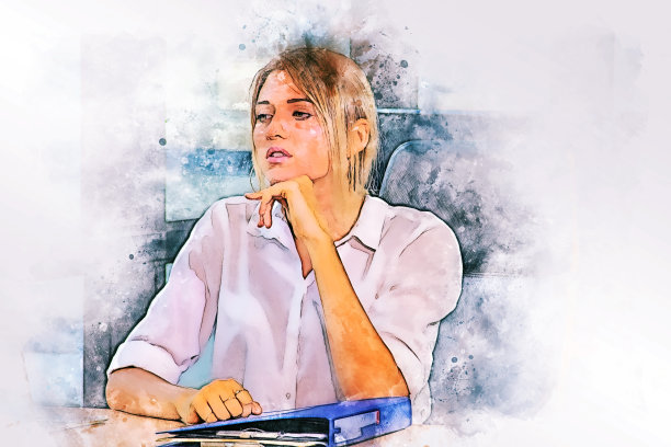 抽象美丽的女商人的思考和悲伤为作品的水彩插画绘画背景。图片下载