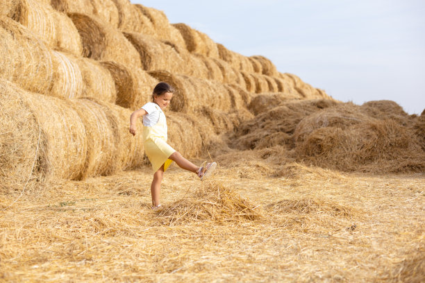 穿着黄色背心裙的小女孩兴高采烈地用脚踢着干草，背景是一大堆干草和一大堆卷起来的干草。在满是金色干草的田野里享受远离城市的乐趣图片下载